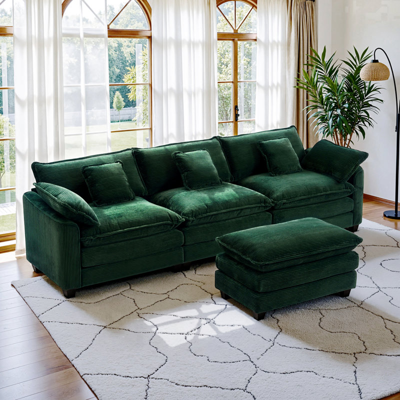 Reversible L-Shaped Fabric Sectional Sofa with Ottoman - Modern Upholstered Design, Premium Corduroy Fabric, Perfect for Small Living Rooms