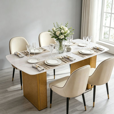 Table de salle à manger rectangulaire moderne en verre trempé à motif marbré avec base en métal à double piédestal, idéale pour la salle à manger et le bureau personnel
