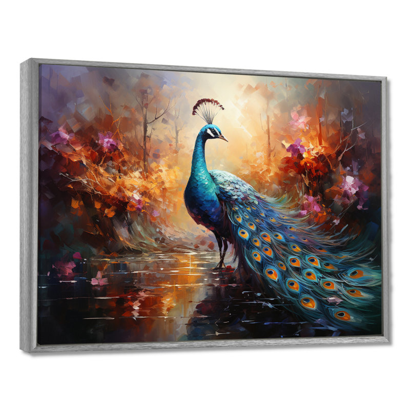 «Peacock Expressionist Portrait II», art mural sur toile paon, H 34 po x l 44 po x P 1,5 po, Encadrement argenté