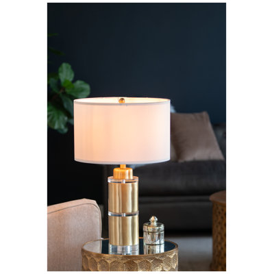 Modern Gold and White Cylinder Table Lamp with Fabric Drum Shade - 15x15x25.5 inches Bedside Lamp for Bedroom Living Room Office