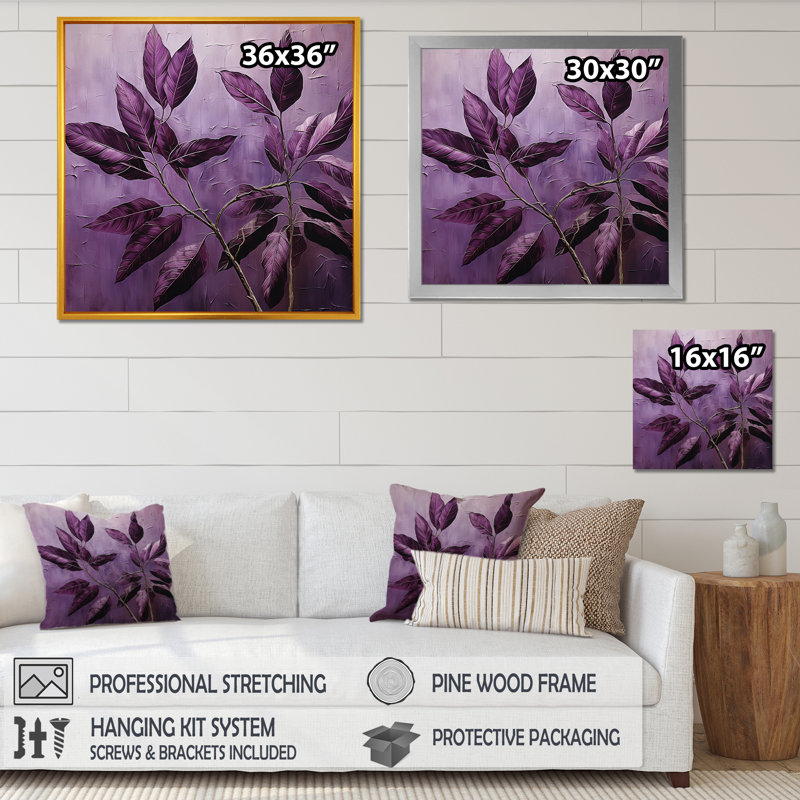 Mauve feuilles prune II - art mural feuilles, H 36 po x l 36 po x P 1,5 po, Toile tendue