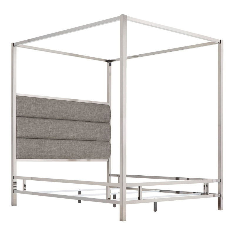 Pettaway Upholstered Metal Canopy Bed, Chrome Metal/Gray, King