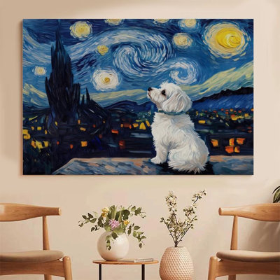 1Pc Framed Canvas Poster Print White Fluffy Dog in Van Gogh's Starry Night Style Wall Art Decor, Perfect for Room Decor Living Room Bedroom Office Kitchen Bathroom Home Decor, Ideal Home Wall Decoration Gift