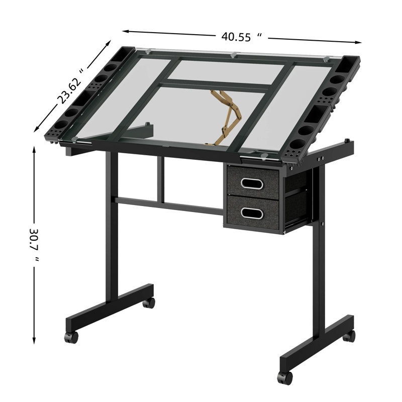 Adjustable Art Drawing Desk Craft Station Drafting With 2 Fabric Drawers And 4 Wheels (Black), Black