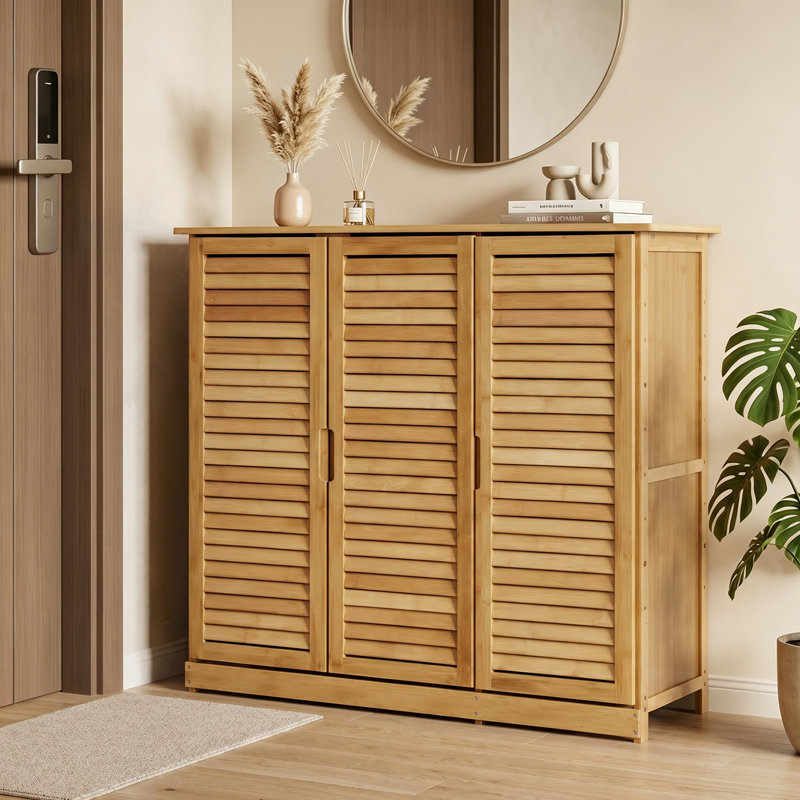 5-Tier 21 Pairs Storage Free Standing Bamboo Shoe Rack Blinds with Door, for Entryway Hallway