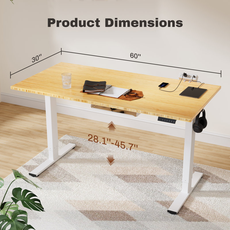 Bureau debout à hauteur ajustable Eric, bureau 100% bambou, H 45,7 po x l 60 po x P 30 po, Blanc