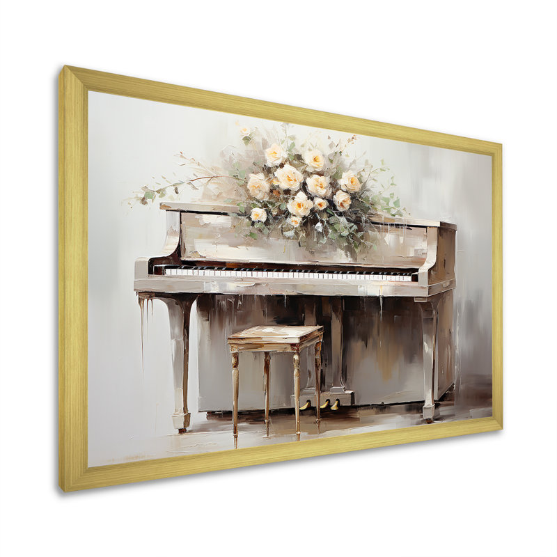 Blanc, piano floral intemporel - musique, art mural, Cadre d'angle fermé doré, H 30 po x l 40 po x P 1,5 po