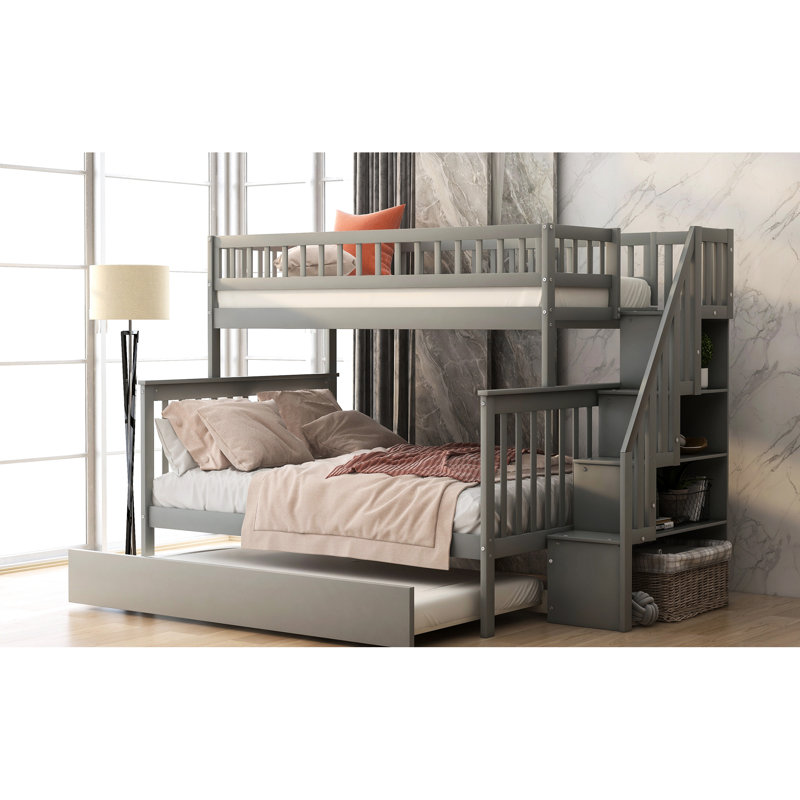 Lit superposé simple au-dessus d'un lit double gris avec escalier et lit gigogne - Mobilier de chambre à coucher moderne, idée d'économie d'espace