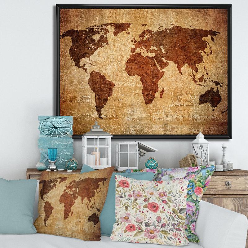 Ancient Map Of The World XI - Floater Frame Print on Canvas, Black, 16" H x 32" W x 1" D