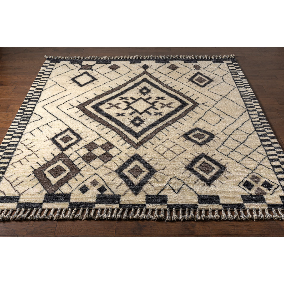 Ryou Geometric Hand Knotted Wool Cream/Black/Charcoal/Medium Gray Area Rug Corrigan Studio® Rug 