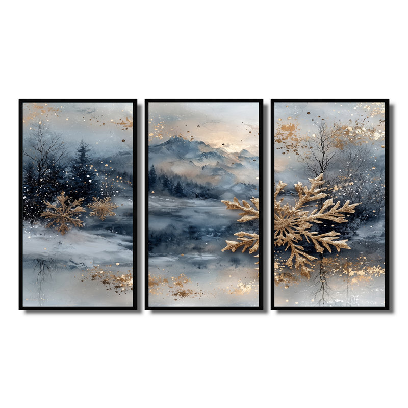 Gold Christmas Snowflakes I - Ensemble de décorations murales de Noël, H 28 po x l 36 po x P 1 po