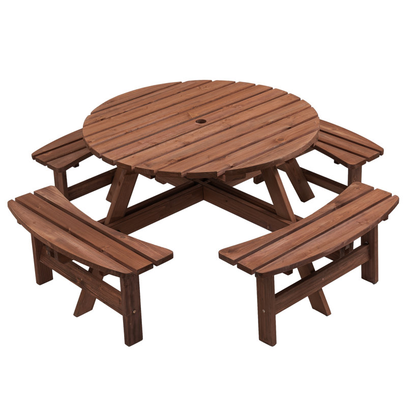 8 Person Wooden Picnic Table, Outdoor Camping Dining Table With Seat, Garden, Diy W/ 4 Built-In Benches, 2220Lb Capacity, Brown