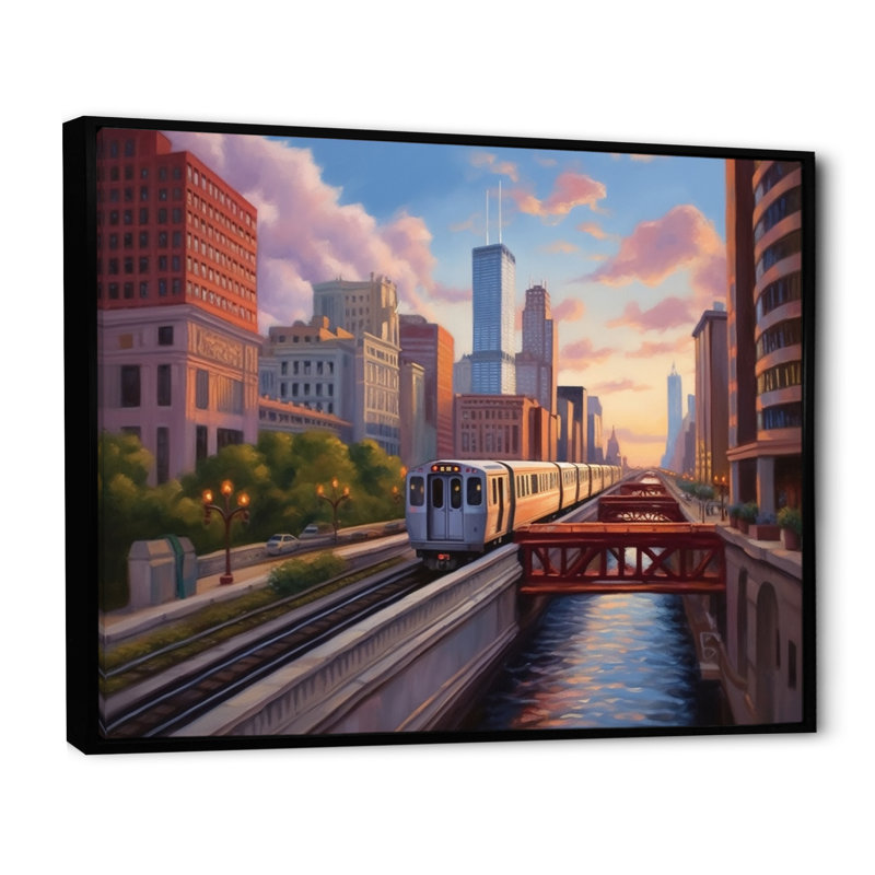 Chicago City Scene III, reproduction d'art sur toile, H 24 po x l 32 po x P 1 po, Cadre flottant noir