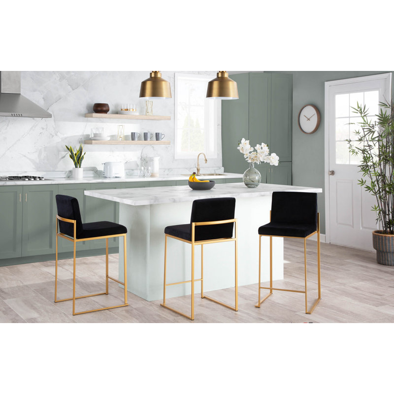 Brieon High Back Upholstered Bar & Counter Stool (Set of 2), Black Velvet, Gold, Counter Stool"26"