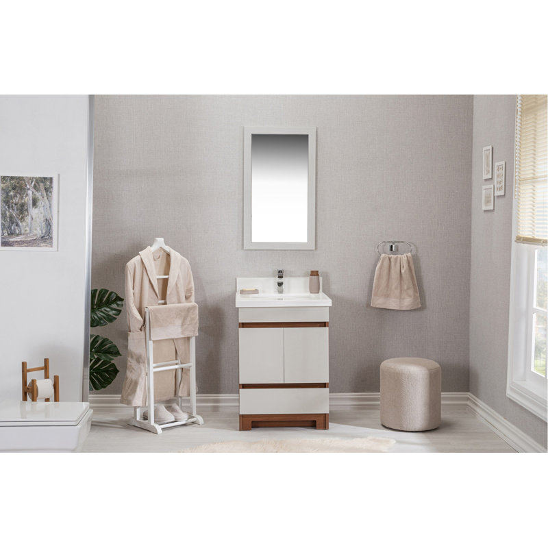 Ensemble de meuble-lavabo simple 23,6 po avec miroir Lajoyce, Noyer / Blanc