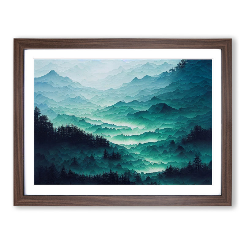 Japanese Forest Mountains - Single Picture Frame Print, 46cm H x 64cm W x 2cm D, Walnut