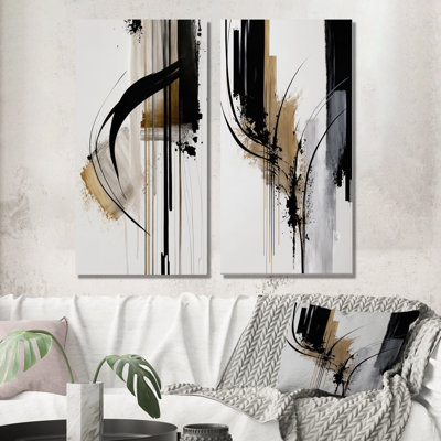 Noir, blanc et or Expression I - ensemble d'art mural abstrait de 2 pièces