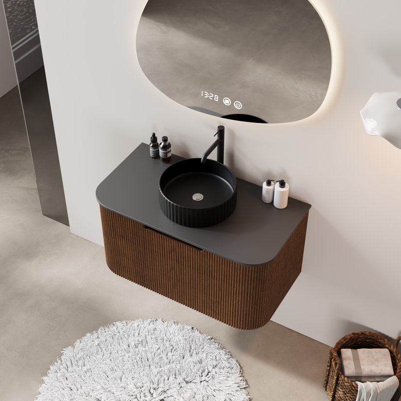 Meuble-lavabo flottant simple 35,85 po avec comptoir en pierre frittée noire et tiroirs