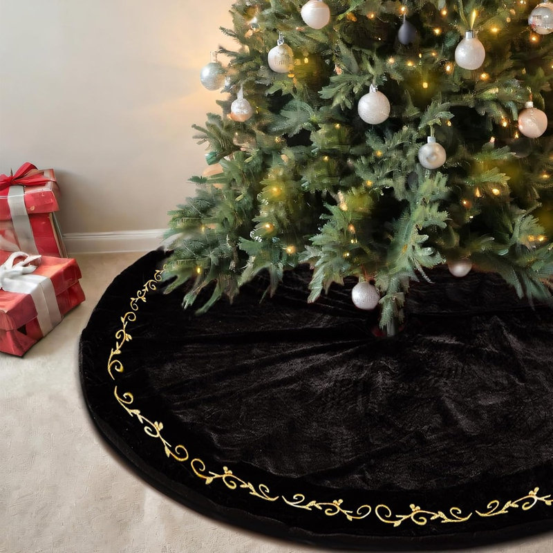 Black Velvet Christmas Tree Skirt, Classic Elegant Holiday Tree Base Cover, Festive Home Décor