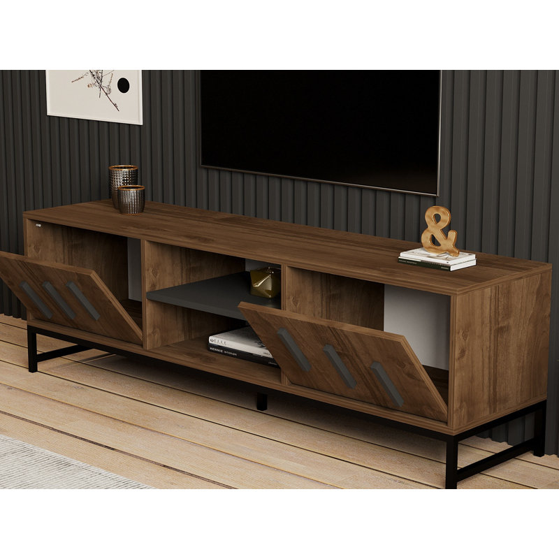 Modern TV Stand, Walnut Color, 63.0 x 19.7 x 15.7 inches | 100% Melamine Coated Particle Board, Thickness: 0.7 inches | Wall-Mountable with Numerous Shelves for Extra Storage, Stylish Industrial Design