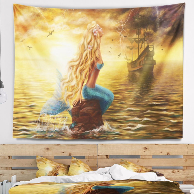 Tapisserie «Seascape Sea Mermaid with Ghost Ship», H 32 po x l 39 po