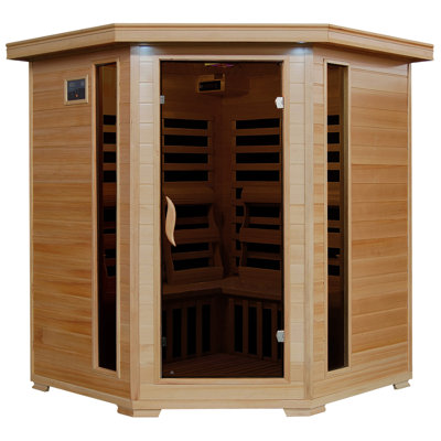 Sauna infrarouge à bois EMF HEATWVE Tucson pour 4 personnes avec 9 chauffages au carbone, éclairage de chromothérapie, porte en verre trempé, système de son stéréo intégré