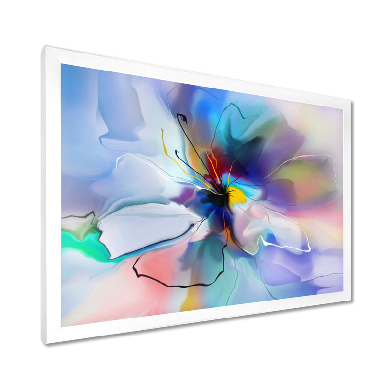 Fleur abstraite, création et impression bleue, H 34 po x l 44 po, Cadre photo blanc