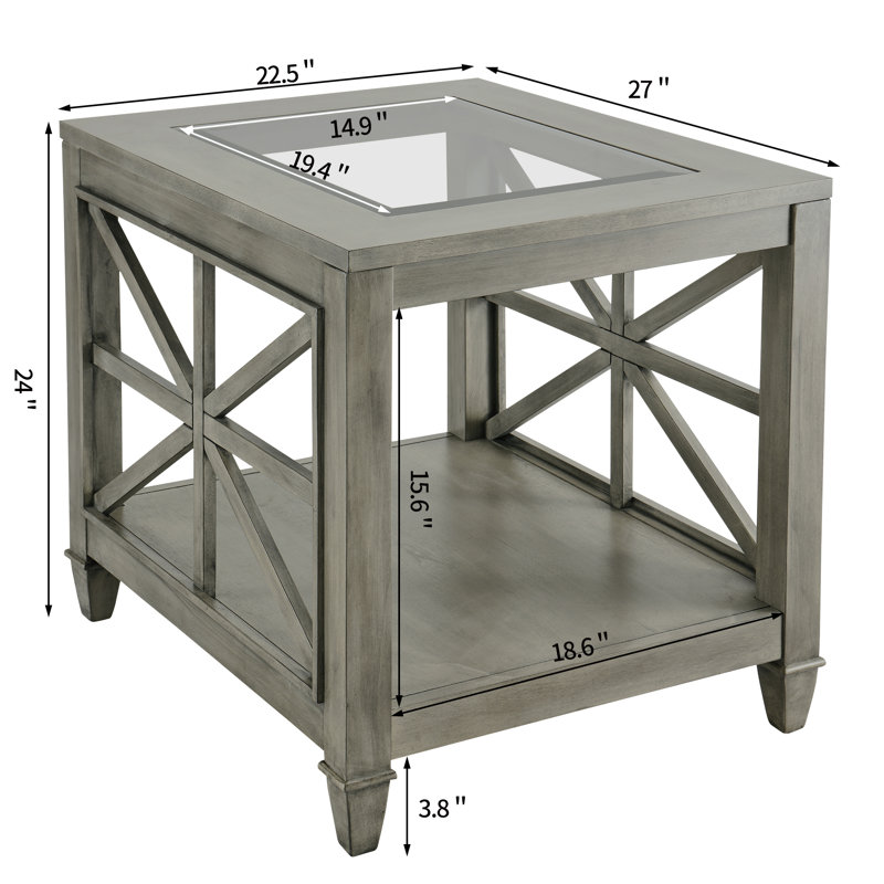 Table d'appoint de style champêtre avec plateau en verre et étagère de rangement, collection LUMERA, table d'appoint en bois gris avec panneaux décoratifs en forme de X pour le salon