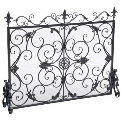  Iron Fireplace Screen, Ornate Scrollwork Spark Guard, Decorative Mesh Fireguard for Hearth Safety, Black