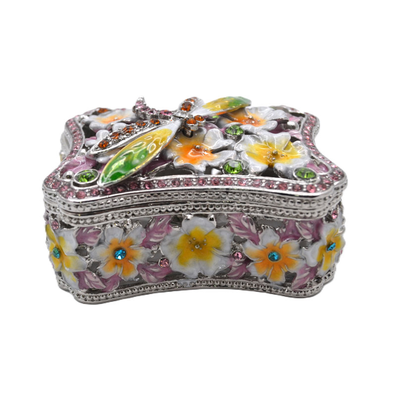 Boîte à bijoux libellule avec placage de rhodium et émail coloré