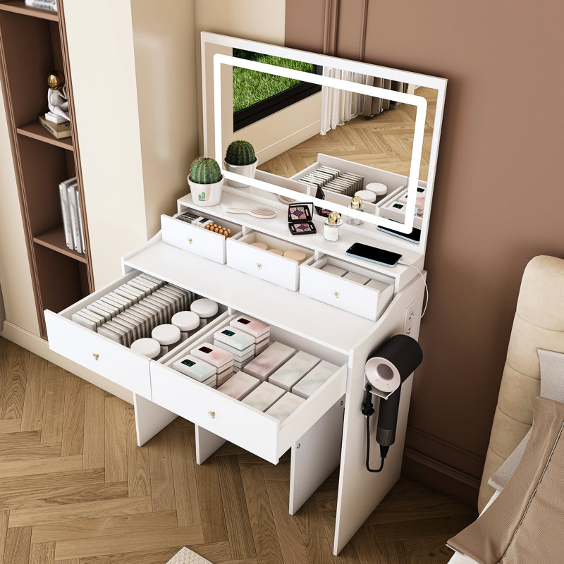 New Large Modern Makeup Vanity Desk For Bedroom, 5 Drawers, 3 Lighting Color Options, Power Outlet, Hair Dryer Holder, And A 30.3 - Inch X 19.3 Full Face Mirror White Adjustable Lighting, Spacious