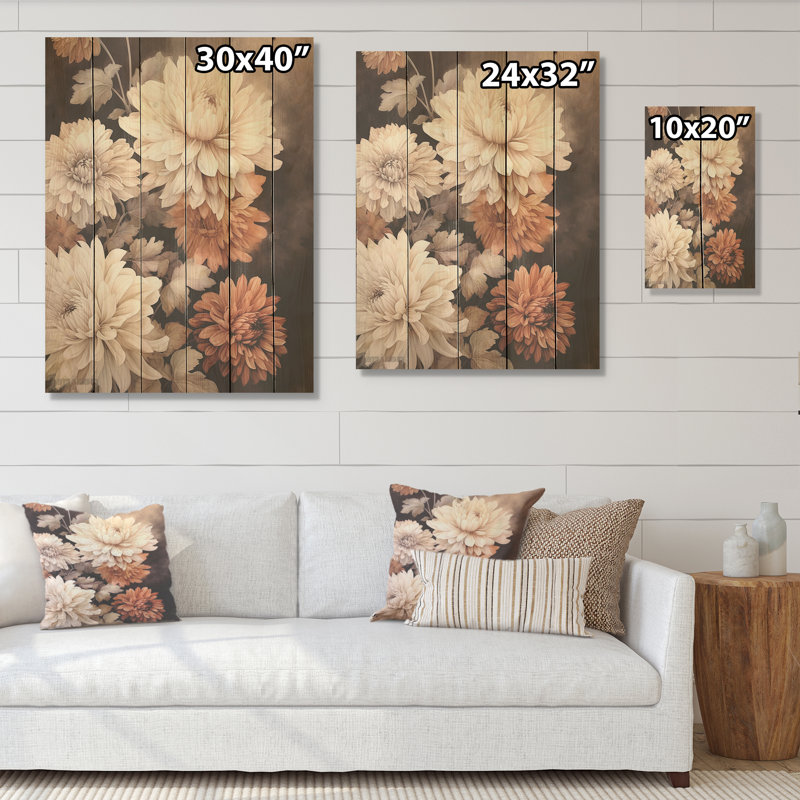 Symphonie de choranthemums beige rétro - art mural sur bois de pin naturel, H 40 po x l 30 po