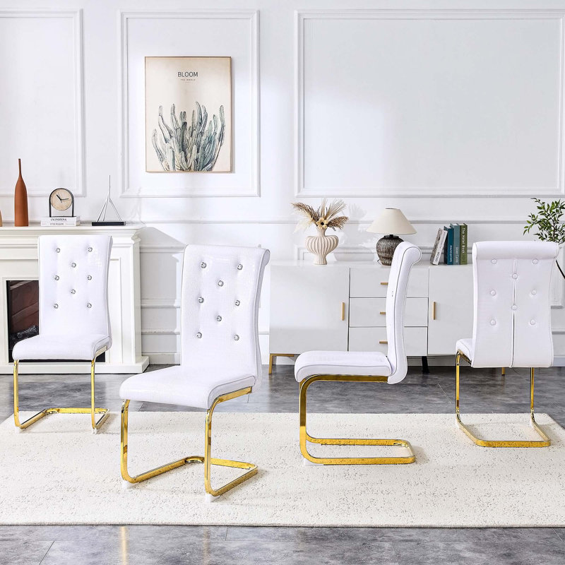 Ensemble de 4 chaises de salle à manger en peau d'alligator rétro avec boucles en cristal et pieds en plaqué or pour une assise élégante et durable