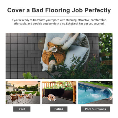 Interlocking Deck Tiles – 44 PCS, Durable Non-Slip Outdoor Patio Flooring, All-Weather, Faster-Drying, Dark Grey