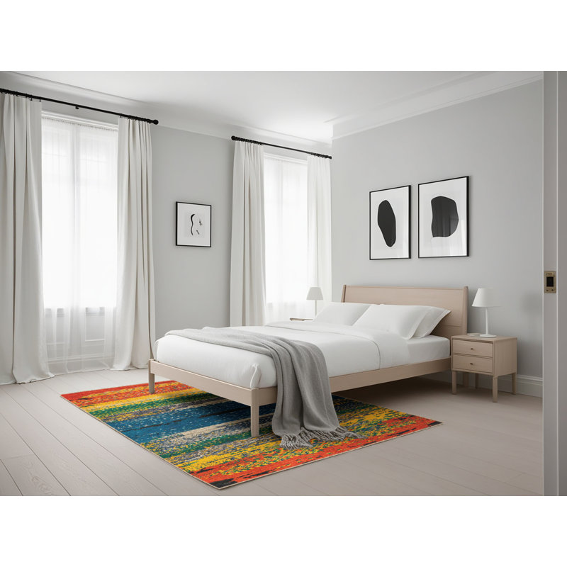Tapis abstrait bleu / noir / rouge Monyca, Rectangle 5 pi x 7 pi