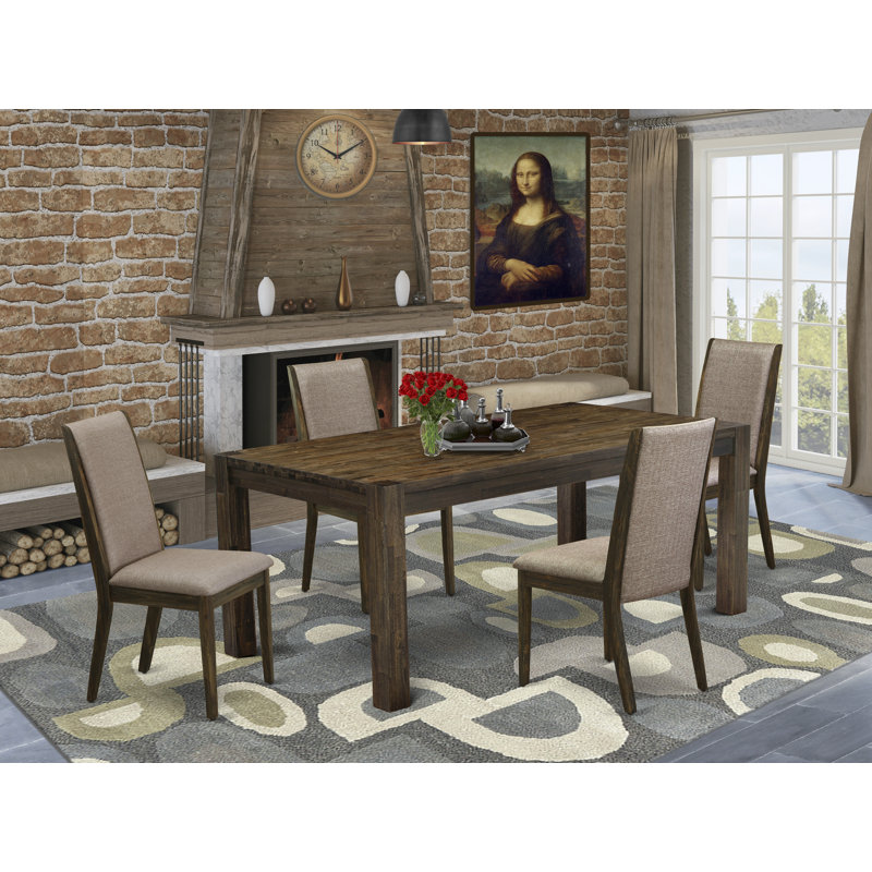 5 Piece Dining Room Furniture Set Includes a Rectangle Rustic Wood Dining Table and 4 Dark Khaki Linen Fabric Upholstered Chairs, Distressed Jacobean