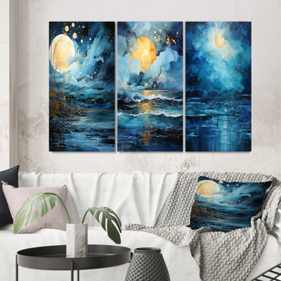 " Teal Yellow Ocean Serenade Pastoral " 3 - Pieces