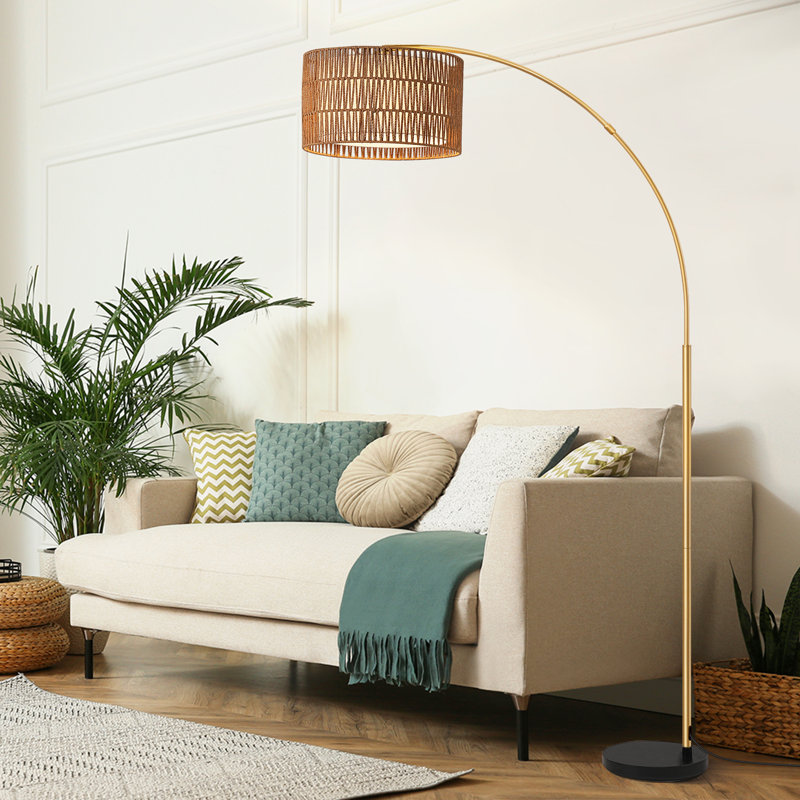 76'' Rattan Arched Dimmable Floor Lamp With Remote Control And Bulb Included, Gold/Matte Black