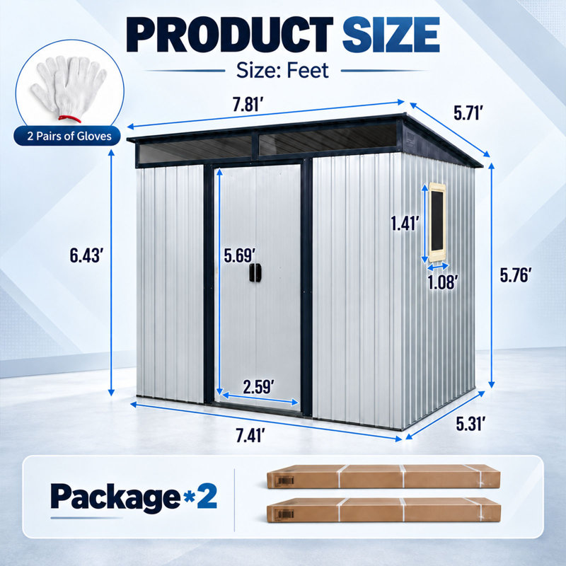 Remise de rangement extérieure 8 x 6 en métal avec fenêtre et plaque transparente - blanc
