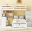 Lit superposé double au-dessus de simple avec bureau, tiroirs et tablettes pour un espace de vie compact et organisé