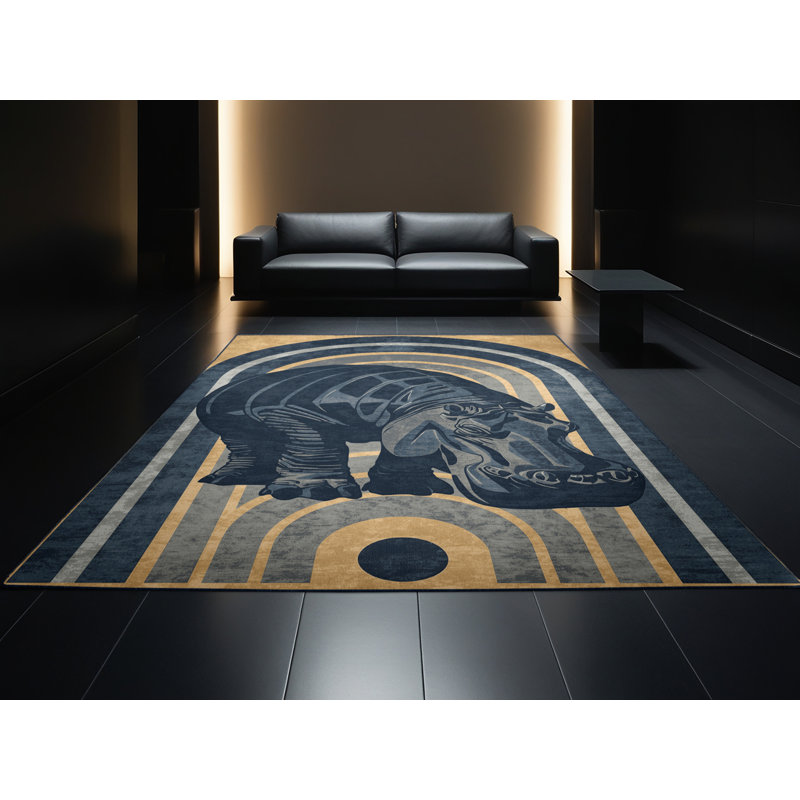 Tapis art déco lavable à la machine Ozain Hippopotamus en gris - reliure marine, 4 x 2