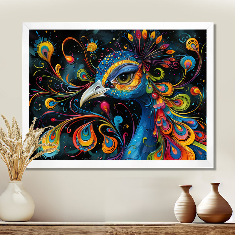 Impressionnant portrait de paon sur fond noir I - paon, art mural, Gold Floater Framed, H 12 po x l 20 po