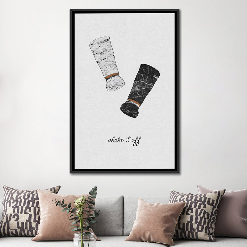 « secoue it off », impression sur toile, H 26 po x l 18 po x P 1,5 po, Toile avec cadre noir, Pas de tapis