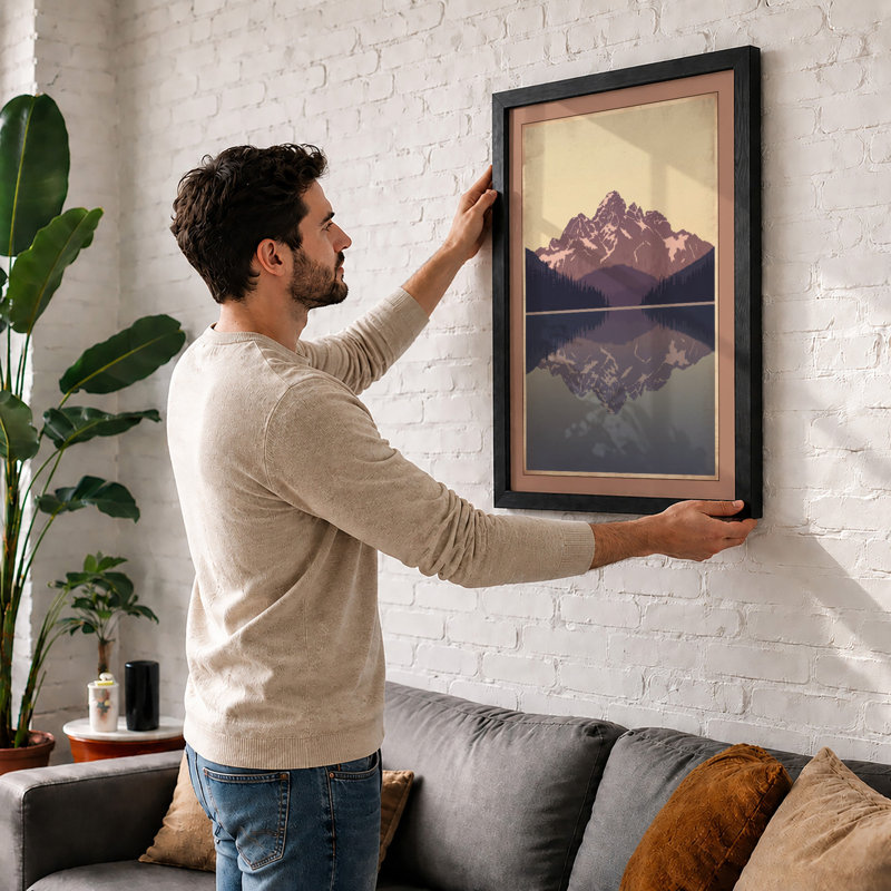 Mountain and Reflection Scandinavian - Framed Print, A3 - 42.0 x 29.7 cm, White