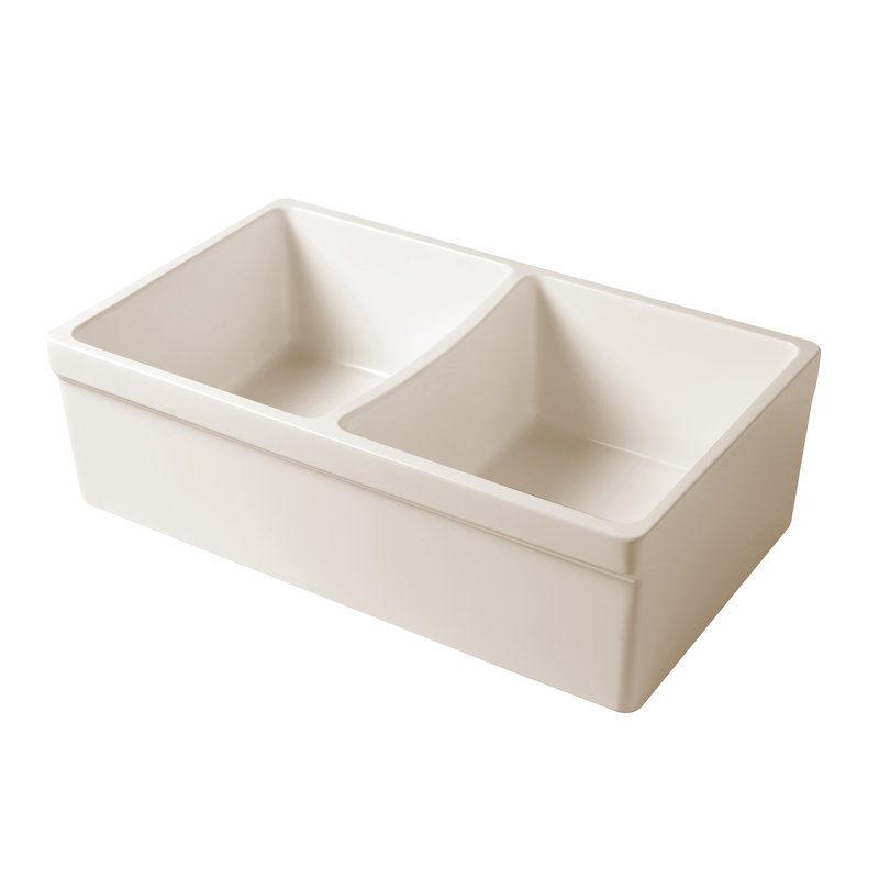 Whitehaus 33" Reversible Double Bowl Fireclay Kitchen Sink: 2-1/2" Lip, 2" Lip Front Apron, Biscuit