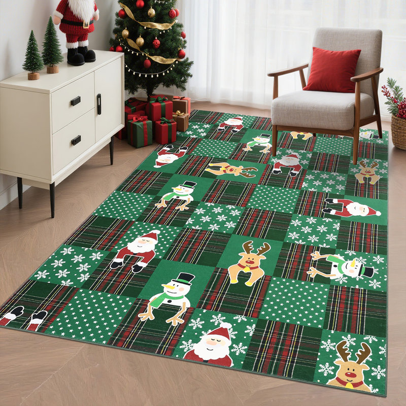 Washable Area Rug 8x10 Modern Ultra Soft Bedroom Rug with Non Slip Backing, Non Shedding Stain Resistant Carpet, Christmas Checkered Low Pile Portable Floor Cover for Living Room, Green