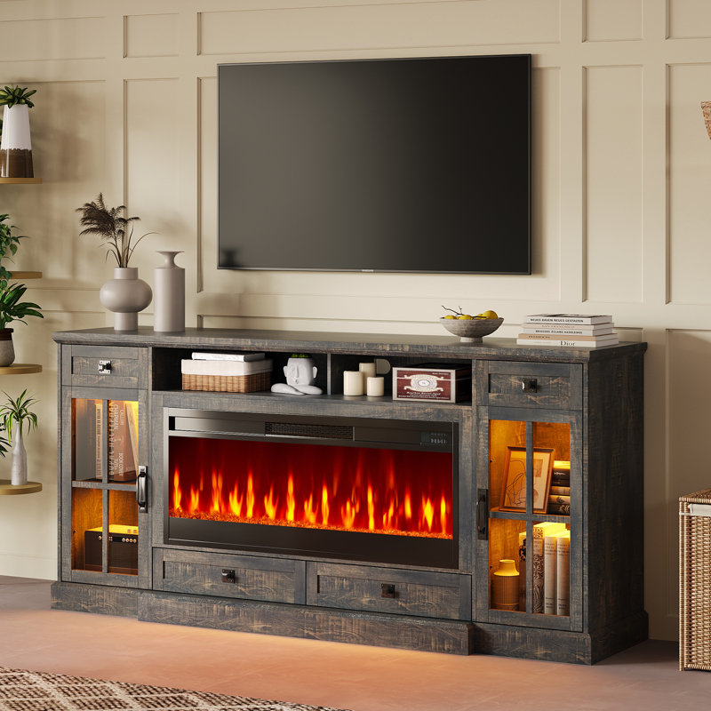 Keating 70" Farmhouse TV Stand 42" Electric Fireplace, LED Lights, Storage Drawers ,& Cabinets,Brown, Brown