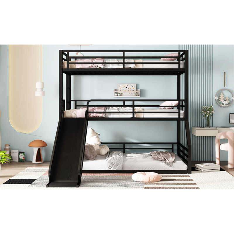 Lit superposé simple au-dessus de double en métal noir avec glissade, très résistant, silencieux, peu encombrant, pour jeunes triples doubles, noir, réduit, coins partagés