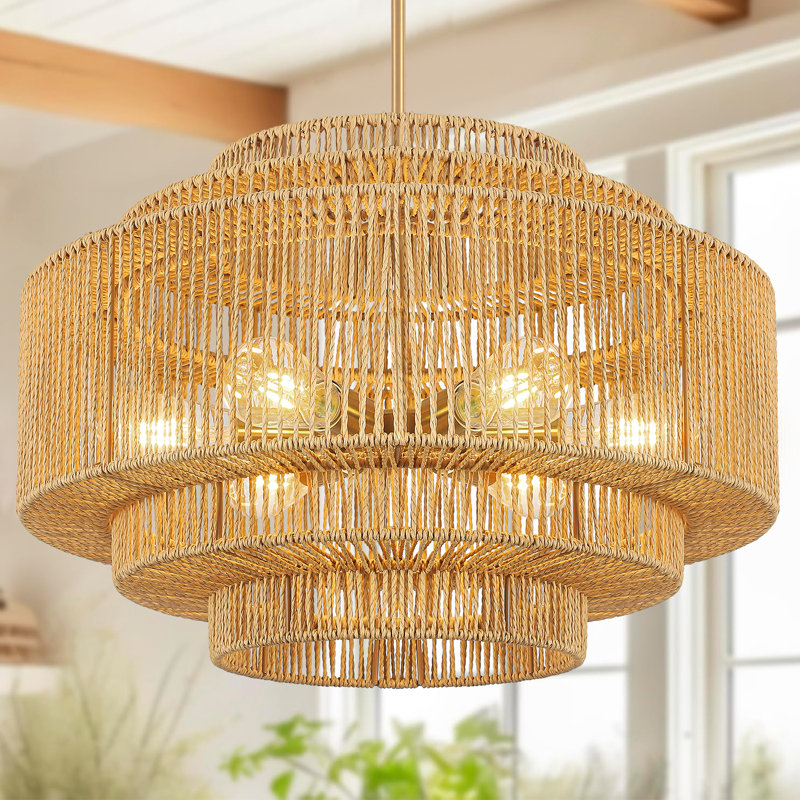 Lustre tambour en rotin de style bohémien tissé à la main à 6 lumières Abilene