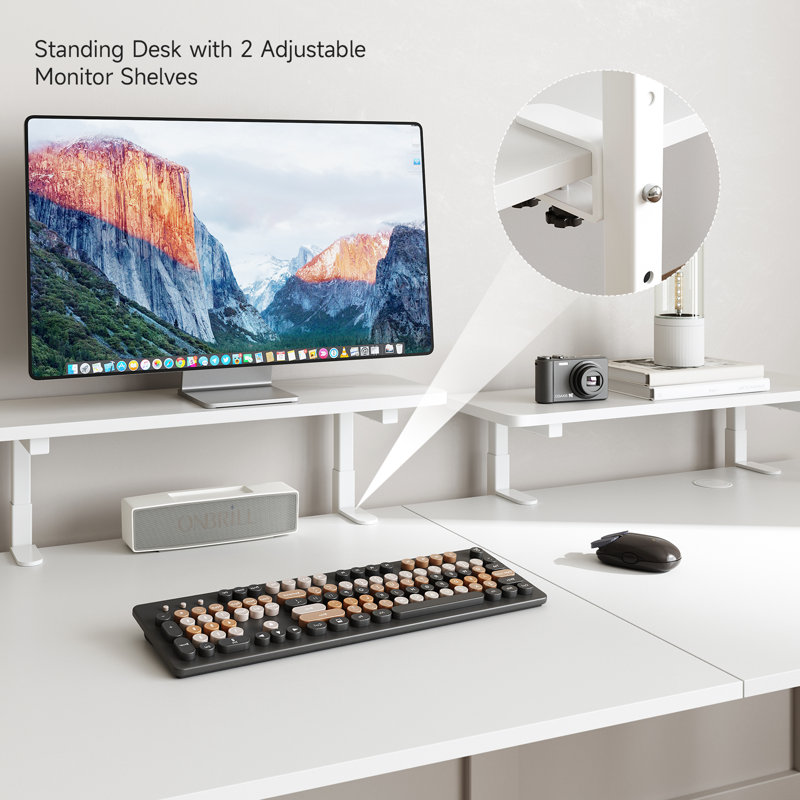 White Electric Standing Desk with Dual Adjustable Monitor Shelves
